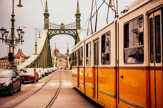 A tram entering Liberty bridge in Budapest, Hungary.