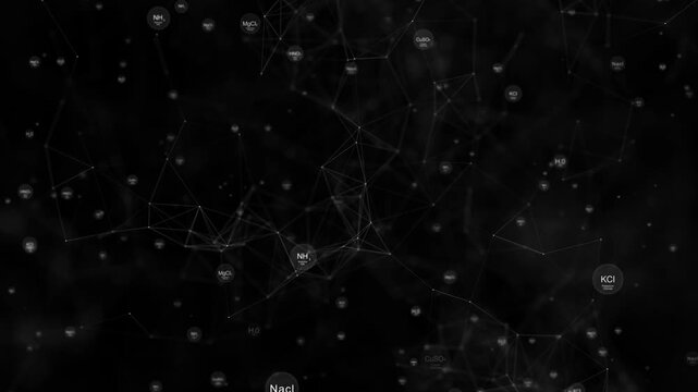 Molecular chemistry science visual dark atom labels, white connected bonds, and abstract laboratory network. for medical videos, biology explainers, research intros, education screens, and overlays.