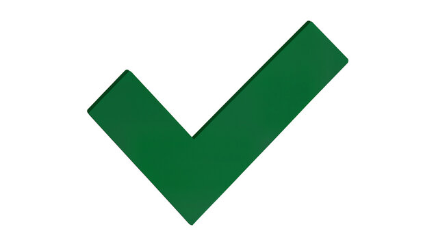 Isolated three-dimensional green checkmark icon representing approval, confirmation, and success