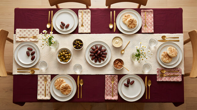 Top view of dinner table with dates and pita bread
