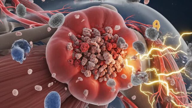 Glomerulus Cell Inflammation. Suitable for nephrology, immunology, cellular inflammation, kidney disease research, and biomedical visualization content.