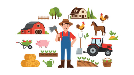 Fototapeta premium Friendly male farmer holding an axe surrounded by various farming elements, crops, animals, a red barn, and a tractor.