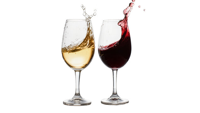 Isolated wine glasses with splashing red and white wine, dynamic liquid motion concept