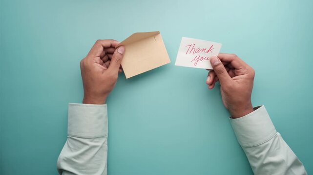 Person hands putting thank you card into small envelope on blue background