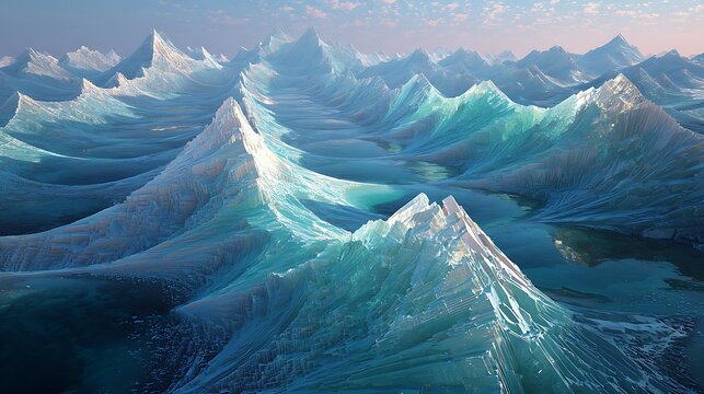 Ethereal crystal mountain range spanning vast frozen landscape under soft pastel morning sky horizon view with landscape sharp crystalline depicts surreal landscape