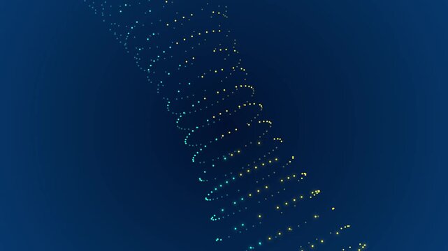 Glowing particles forming rotating golden and cyan geometric vortex structures in a deep blue space