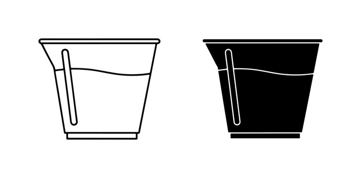 Plastic Cup Icons, Clear Liquid, Stirrer, Simple Vector Graphics, Black and White