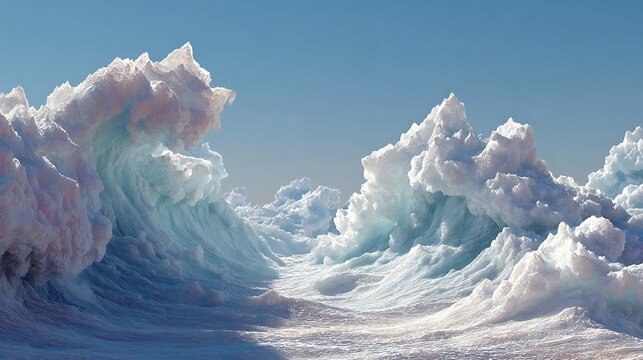 Surreal frozen ocean waves crashing under clear blue sky in majestic polar arctic landscape with crystalline ice structures structures tower