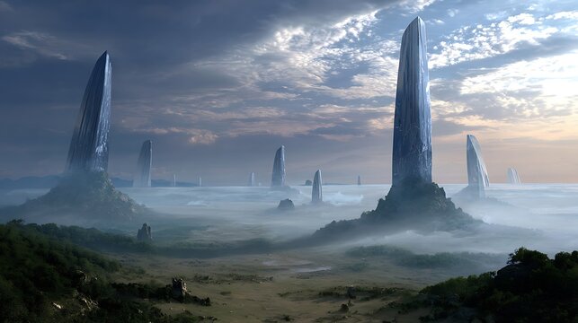 Surreal alien landscape featuring towering crystalline monoliths rising above dense rolling morning fog banks with monoliths rise majestically
