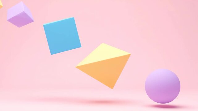 Floating 3D geometric shapes including sphere, pyramid, and cube on a vibrant pastel pink studio background. Minimalist abstract modern design background with copy space.