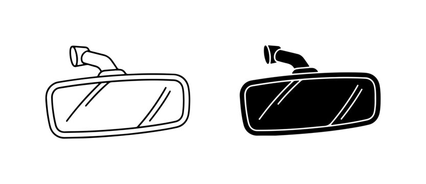 Car Rearview Mirror Icons, Automotive Interior Reflection View, Black and White Vector Set