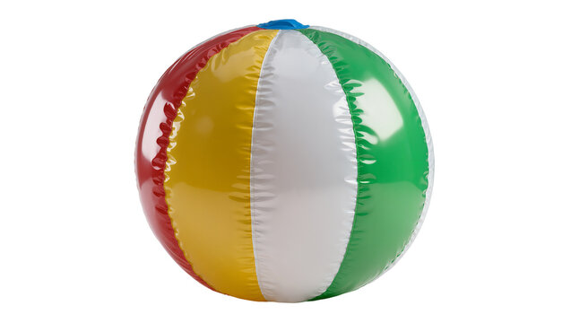 Isolated colorful inflatable beach ball with red yellow white and green stripes summer toy