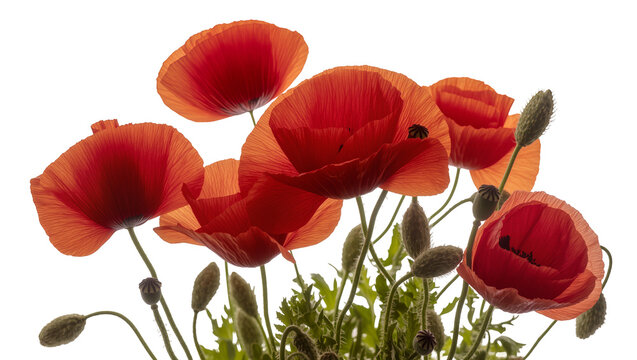 Isolated group of red poppies with vibrant translucent petals, elegant floral display