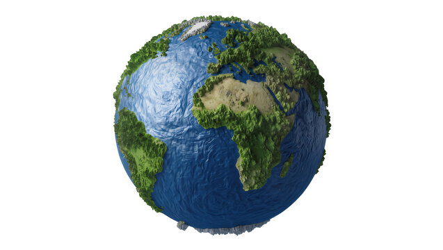 Isolated stylized topographical Earth globe model with green continents and textured blue oceans