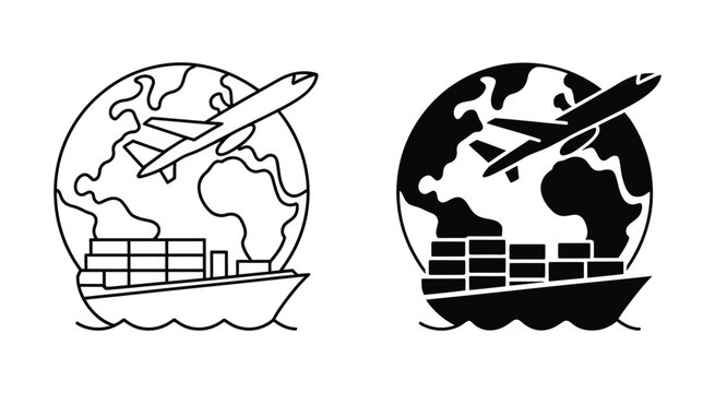Global shipping logistics icon set, featuring international freight transport, air cargo, sea delivery, worldwide shipping, supply chain, cargo services, and clean flat vector design.