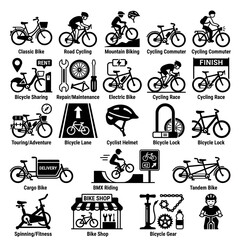 Fototapeta premium Bicycle Icons Set: Cycling, Transport, Sport, Repair, and Lifestyle