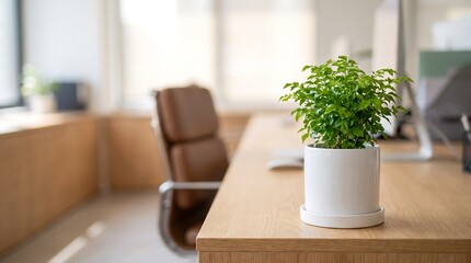 Obraz premium Small green houseplant in white ceramic pot sitting on wooden office desk with blurred modern professional workspace background and ergonomic leather chair nearby