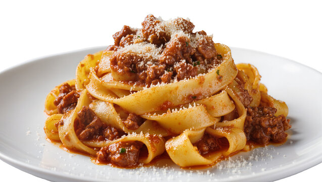 Isolated plate of delicious tagliatelle pasta with rich meat ragu sauce and parmesan cheese