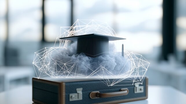 Graduation cap on suitcase with network globe symbolizing remote class and online business degree study from any place.
