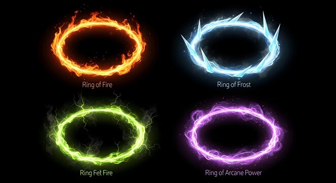 Set of four glowing elemental magic rings including fire, ice, lightning, and arcane power.