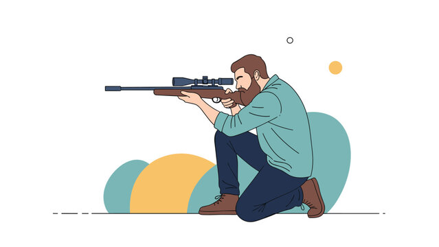Experienced hunter with a beard kneeling and aiming with a rifle equipped with a telescopic sniper scope.