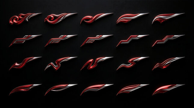 Set of abstract chrome and metallic red racing vinyl decals for vehicle body styling and decoration
