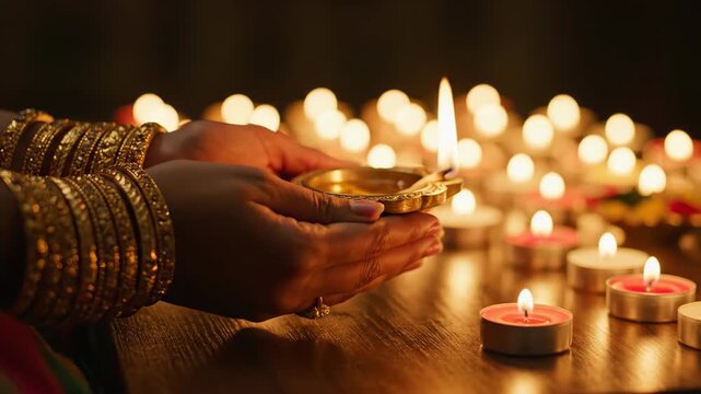 Hands with gold bangles holding diya during Diwali festival