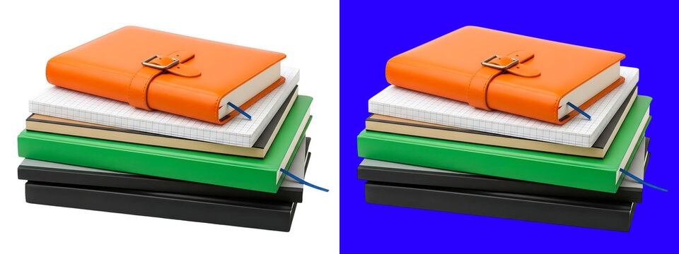 A stack of colorful notebooks with an orange leather cover on isolated on a white background, stationery for school or office work isolated on a transparent background