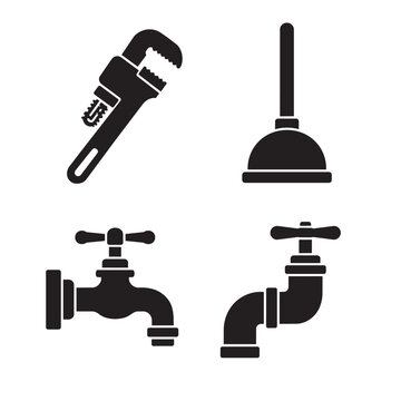 Plumbing tools and fixtures icon set representing maintenance