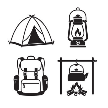 Camping adventure equipment icons preparing outdoor trip
