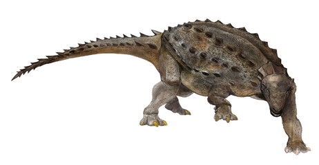 恐竜パノプロサウルスの復元想像図。16〜17世紀のヨーロッパで流行したラフを頸部にまとっているような、ノドサウルスの装甲を持つ。 模式種のP.ミルスは１９１7年に発見されているが、その後のより大きい二つの標本が発見され、大まかなフォルムが想定できた。 パノプロサウルスは完璧に装甲したトカゲの意味で、白亜紀後期の北アメリカに生息が推定される。体長５.５～７mと推定され、頑丈な下肢を持つ。 © Mineo