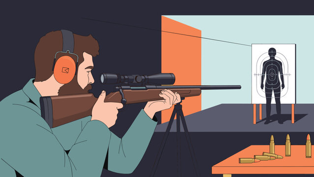 Skilled shooter wearing earmuffs aiming a scoped rifle at a human silhouette target at an indoor shooting range.
