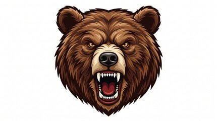 Fototapeta premium *Roaring brown bear head. Fierce yellow eyes, open mouth with sharp teeth. Thick fur in rich browns. Front-facing vector mascot on white. Bold esports logo style.*