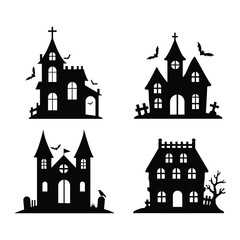 Fototapeta premium Halloween Haunted House Icons – Creepy Mansions and Horror Building Silhouettes, EPS 10