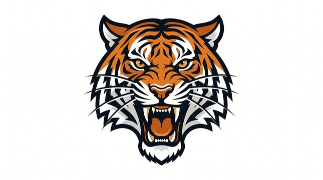 *Roaring tiger head mascot. Orange with black stripes, yellow eyes, sharp fangs. Front-facing vector style on white. Bold, fierce esports logo.*