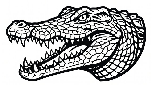 *Black and white crocodile head mascot. Open jaws, sharp teeth, detailed scales. Intense side profile. Bold line art, perfect for sports/esports logo.*