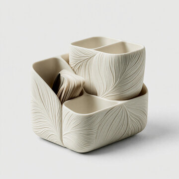 Minimalist Scandinavian style 3D printable desktop organizer with elegant botanical details and multiple compartments, isolated on white.