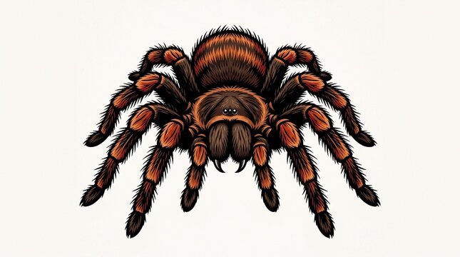 *Detailed tarantula illustration. Brown and orange hairy spider with 8 legs, sharp fangs, facing forward on white background.*