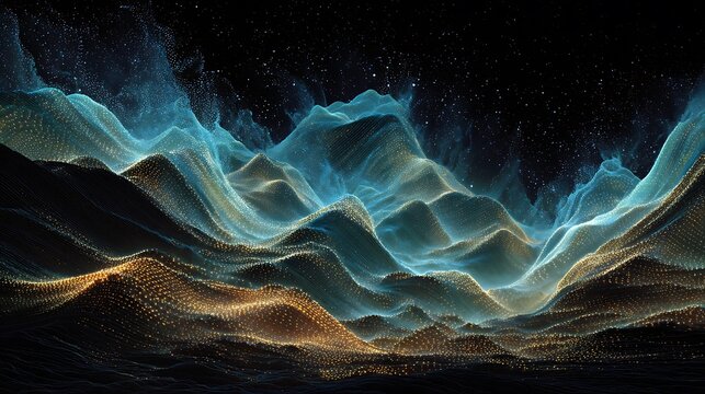 Surreal digital landscape featuring glowing undulating waves composed from millions of tiny golden particles with formed countless luminous particles against dark