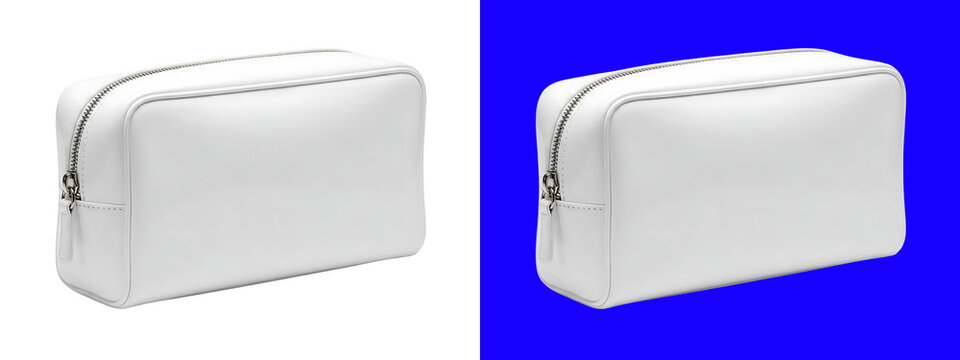 A rectangular white leather toiletry bag with a silver zipper closure, isolated on a white background, travel organizer for personal isolated on a transparent background