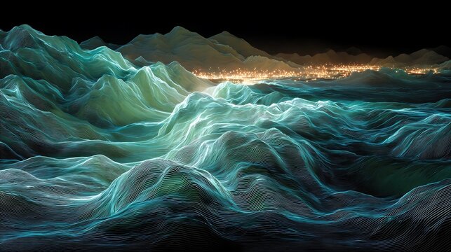 Abstract digital mountain terrain featuring glowing cyan wave patterns against distant night city lights horizon with digital landscape composed