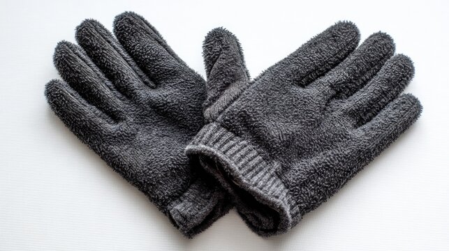 Dark textured gloves, lying flat on a white surface, fingers extended
