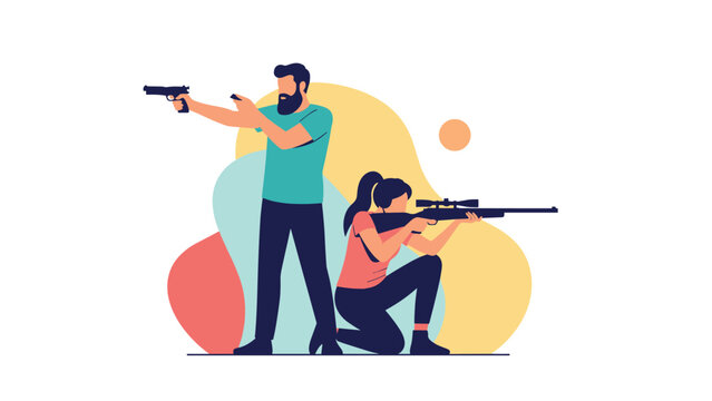 Professional shooter couple practicing targets with a handgun and a sniper rifle on a colorful backdrop.