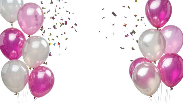 Isolated shiny pink, magenta, and white party balloons with flying confetti for celebration
