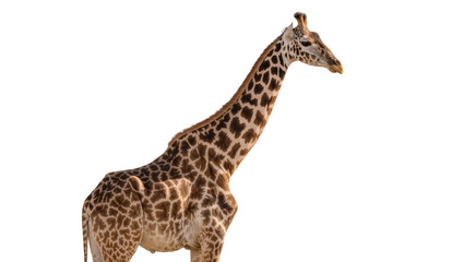 Isolated giraffe standing, elegant profile view of a majestic African wild animal looking right. © Ioana