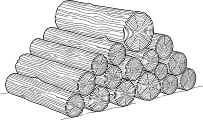 Stacked wooden tree trunks and lumber firewood pile illustration for coloring page isolated on white background © MstHusna