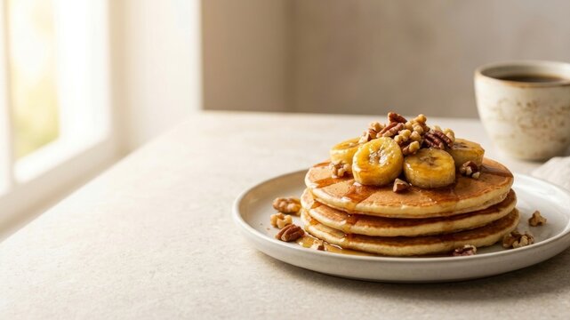 Homemade Banana Pancakes with Caramelized Bananas and Maple Syrup