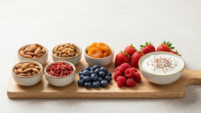 Healthy Snack Board Assorted Nuts Berries and Yogurt