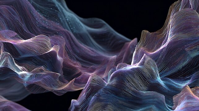 Abstract digital flowing layers creating intricate luminous wave patterns against deep dark background texture surface with multi colored digital lines forming undulating