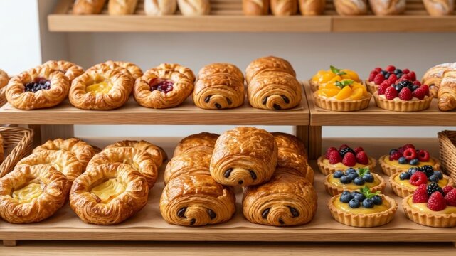 Assorted Fresh Pastries Displayed in Modern Bakery Case